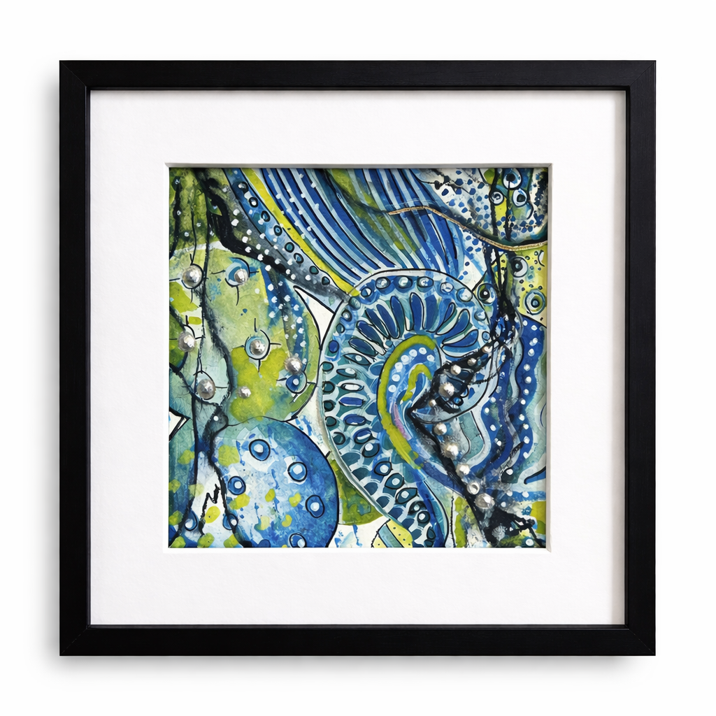 Framed abstract artwork with blue and green patterns