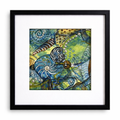 Framed abstract artwork with blue, green, and yellow colors on a white background
