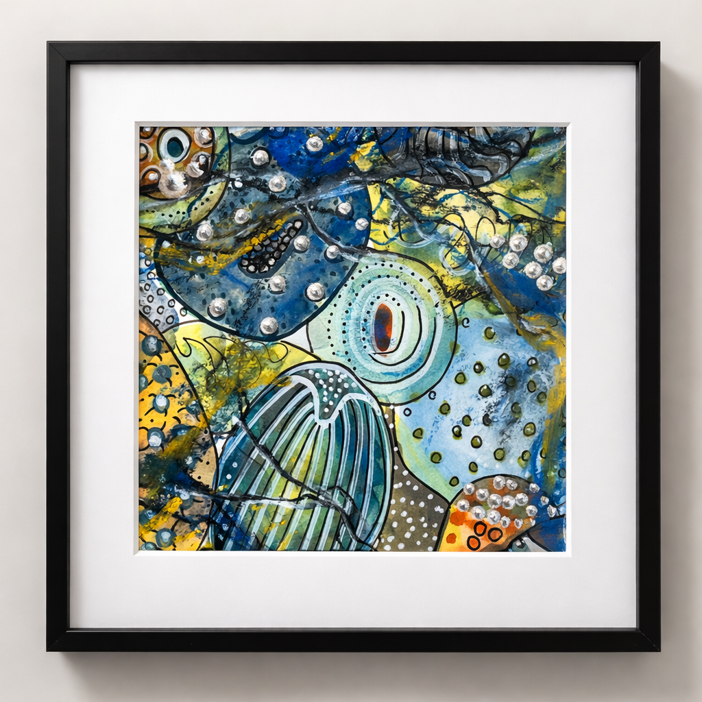 Framed abstract artwork with colorful fish and pearls on a white background