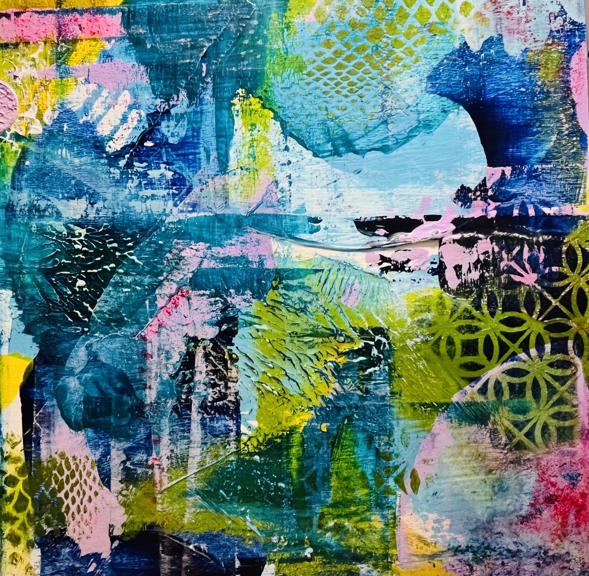 Abstract mixed-media painting with layered textures in blue, teal, green, pink, yellow, and black, featuring organic shapes, geometric patterns, and paint strokes.
