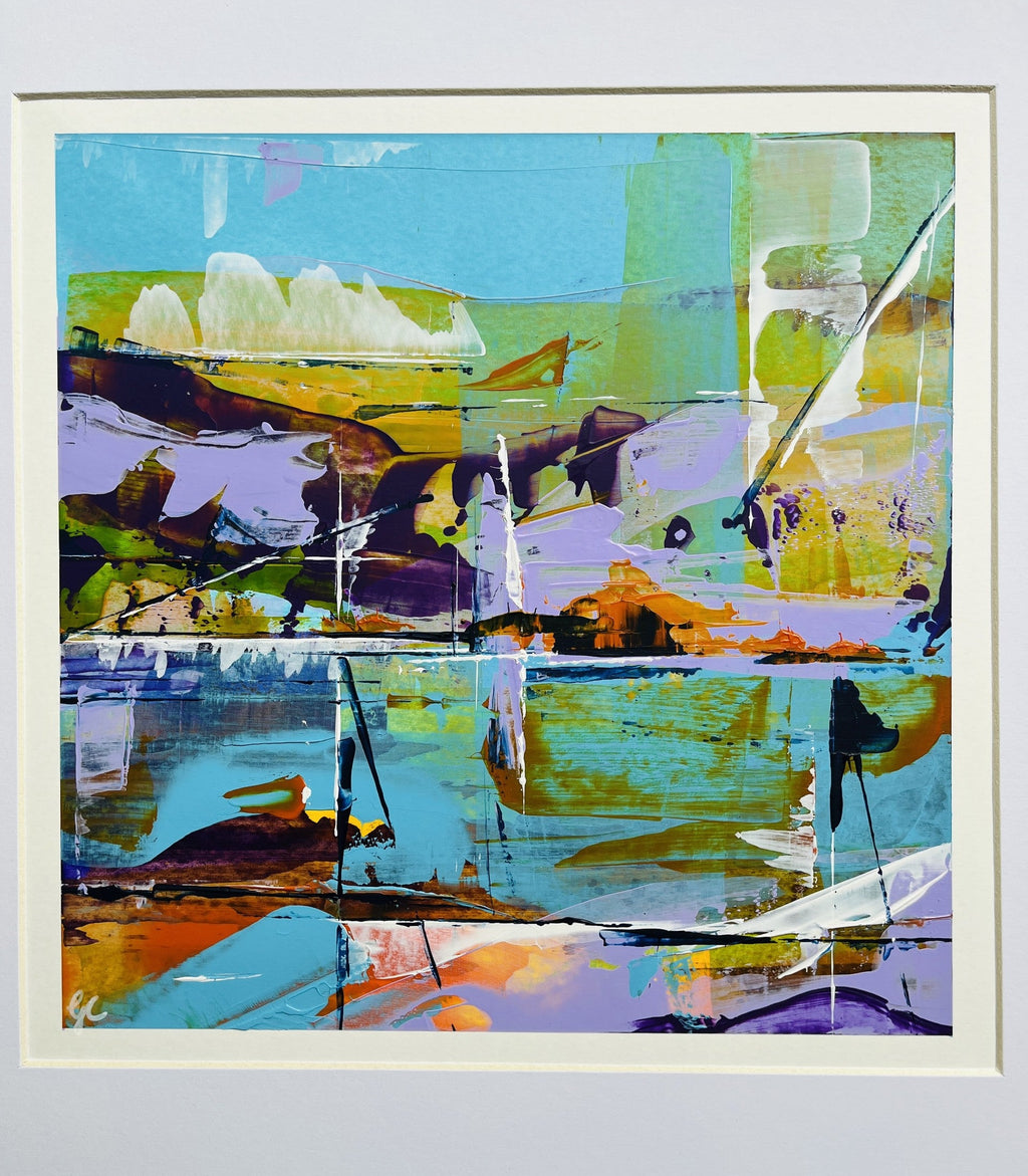 An abstract landscape painting featuring a vibrant mix of turquoise, green, purple, orange, and white brushstrokes, presented in a white frame with a white mat against a light gray background.